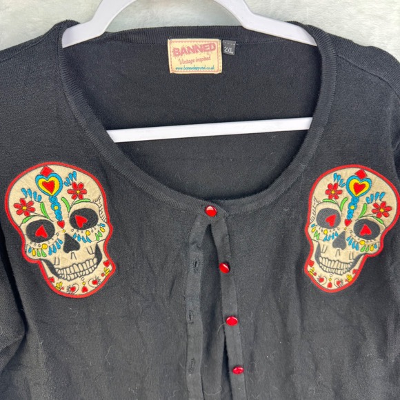 Banned Apparel Sugar Skull Cardigan Black Red Button Rockabilly Sweater 2XL - Picture 3 of 5